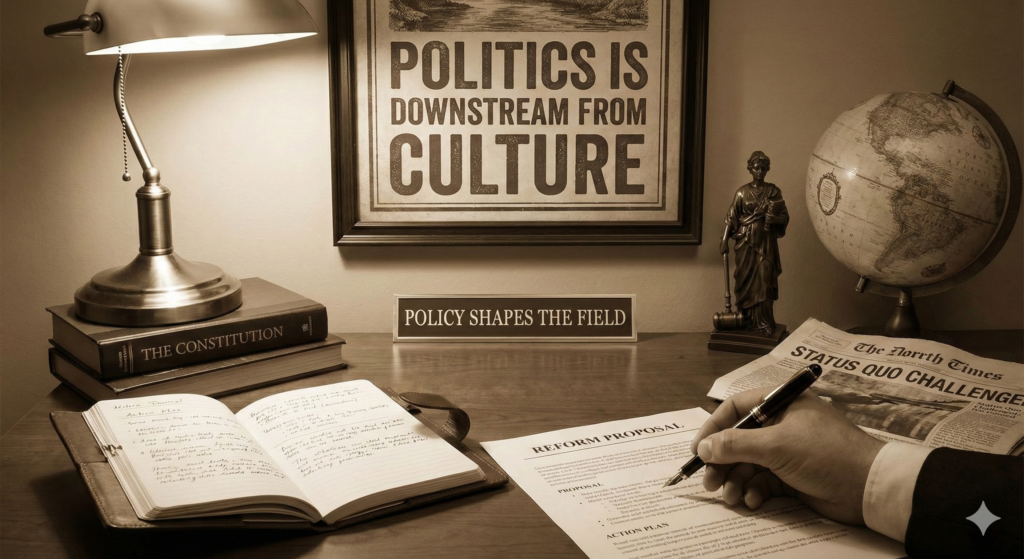 Vintage desk workspace for The Reformer featuring a sign 'Politics is Downstream from Culture', a copy of The Constitution, and a hand drafting a Reform Proposal.