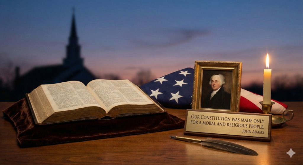 Still life for The Evangelist pillar featuring an open Bible, a folded American Flag, and a portrait of John Adams with his quote 'Our Constitution was made only for a moral and religious people'.