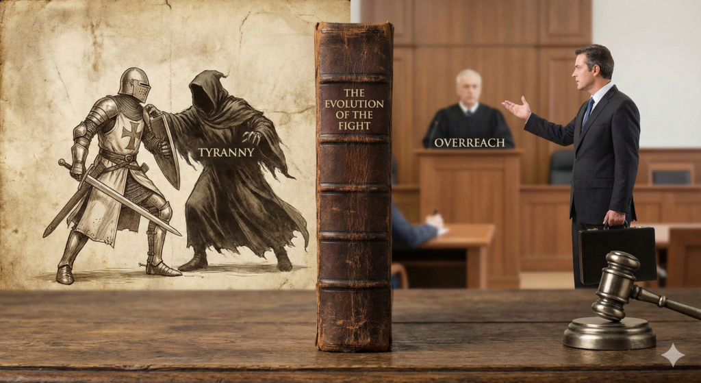 Split scene showing the evolution of the Advocate: A medieval knight fighting a figure labeled Tyranny, transitioning into a modern lawyer in court arguing against Overreach.