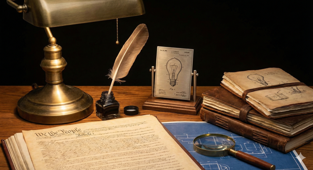 Vintage desk workspace for The Inventor featuring the US Constitution, a framed lightbulb patent, and blueprints representing Intellectual Property as a natural right.