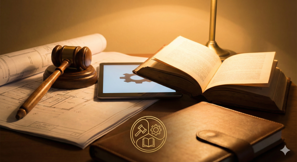 Desk workspace featuring a gavel, blueprints, tablet, and open book representing Law, Innovation, and Faith for Jimmy Wagner